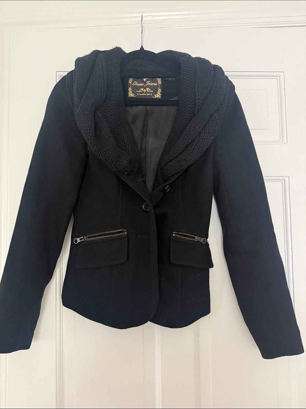 Guess Black Knit-Collar Blazer with Zip Pocket Detail